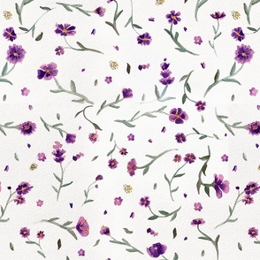 Purple Watercolor Ditsy Flowers on Textured White Floral Graphic Pattern Print