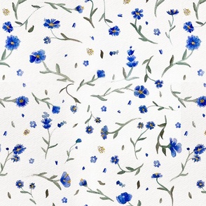 Blue Watercolor Ditsy Flowers on Textured White Floral Graphic Pattern Print