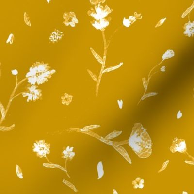 Marigold Yellow  with White Ghost Watercolor Ditsy Flowers Floral Graphic Pattern Print