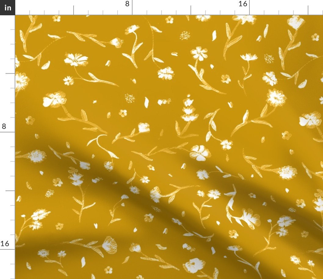 Marigold Yellow  with White Ghost Watercolor Ditsy Flowers Floral Graphic Pattern Print