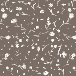 Cool Neutral with White Ghost Watercolor Ditsy Flowers Floral Graphic Pattern Print