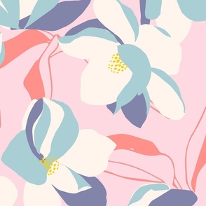 Magnolia Flowers Hand Drawn Pink Blue Wallpaper // Large //