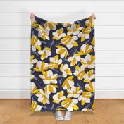 Magnolia Flowers Hand Drawn Yellow Navy Blue Vanilla White Wallpaper // Large //