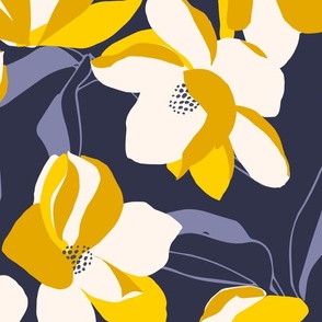 Magnolia Flowers Hand Drawn Yellow Navy Blue Vanilla White Wallpaper // Large //