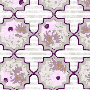 Rustic French Country Floral Tiles - Lavender, Purple, Pink, Cream, Gray - MEDIUM SCALE