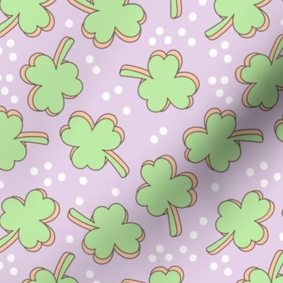 Retro Irish Shamrock - Happy St. Patrick's Day clovers and confetti nineties mint soft blush orange on pastel lilac purple 