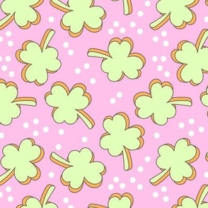 Retro Irish Shamrock - Happy St. Patrick's Day clovers and confetti nineties matcha green orange on pink 