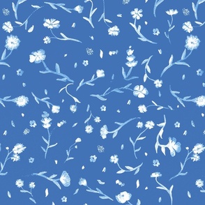 Blue with White Ghost Watercolor Ditsy Flowers Floral Graphic Pattern Print