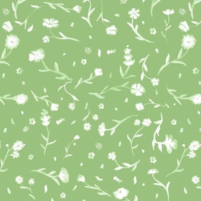 Spring Green with White Ghost Watercolor Ditsy Flowers Floral Graphic Pattern Print
