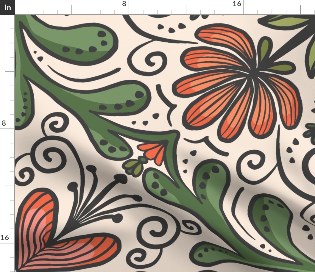 Flower geometry - Orange, green, black and off white