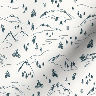 Navy Blue on Cream Mountain Biking Line Art Minimal Outdoor Sports perfect for Bandanas, Sheets, Quilts, and Kids Apparel