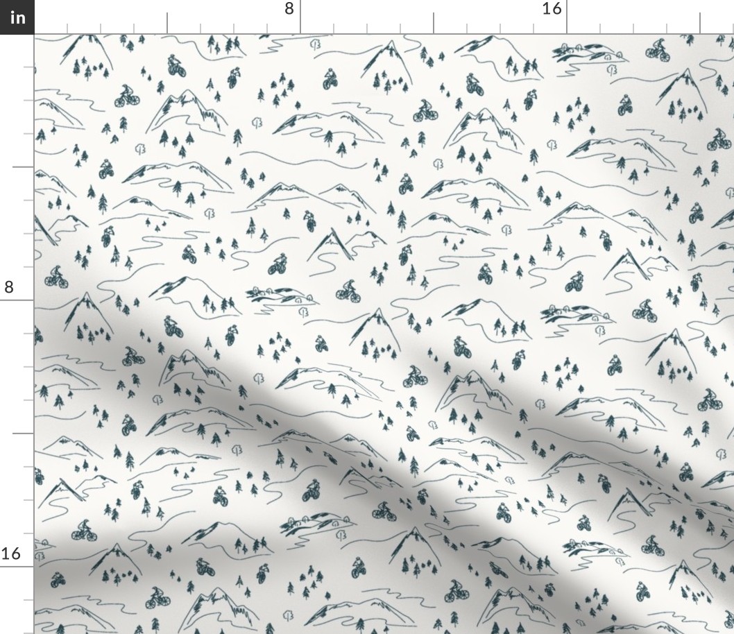 Navy Blue on Cream Mountain Biking Line Art Minimal Outdoor Sports perfect for Bandanas, Sheets, Quilts, and Kids Apparel