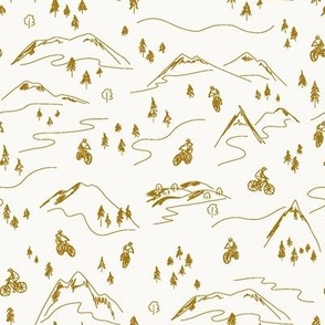 Mustard Yellow on Cream Mountain Biking Line Art Minimal Outdoor Sports perfect for Bandanas, Sheets, Quilts, and Kids Apparel