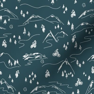 Navy Blue Mountain Biking Line Art Minimal Outdoor Sports perfect for Bandanas, Sheets, Quilts, and Kids Apparel