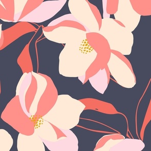 Magnolia Flowers Hand Drawn Pink Blue Yellow Blue Wallpaper // Large //
