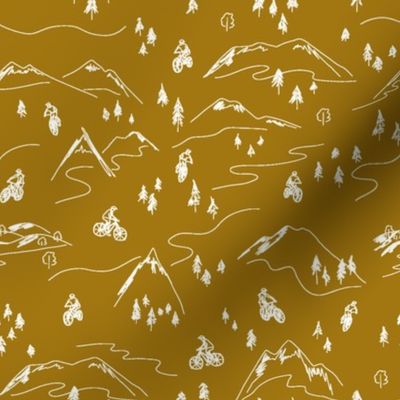 Mustard Yellow Mountain Biking Line Art Minimal Outdoor Sports perfect for Bandanas, Sheets, Quilts, and Kids Apparel