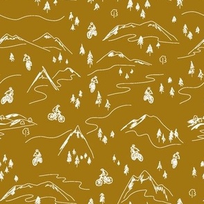 Mustard Yellow Mountain Biking Line Art Minimal Outdoor Sports perfect for Bandanas, Sheets, Quilts, and Kids Apparel