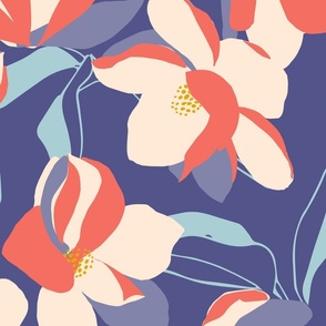 Magnolia Flowers Hand Drawn Coral Pink Purple Baby Blue Wallpaper // Large //