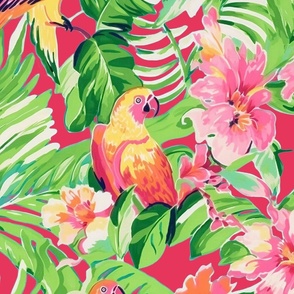  Parrot Haven - Parrots and Flowers on Raspberry Coral