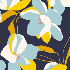 Magnolia Flowers Hand Drawn Navy Blue Yellow Wallpaper // Large //