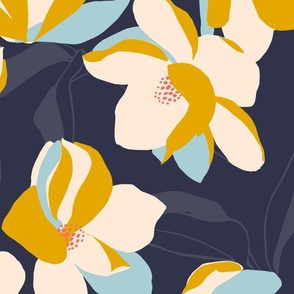 Magnolia Flowers Hand Drawn Goldenrod Yellow Navy Blue Wallpaper // Large //