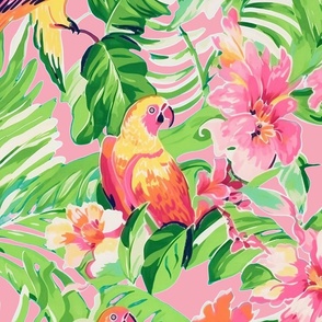 Parrot Haven - Parrots and Flowers on Pink