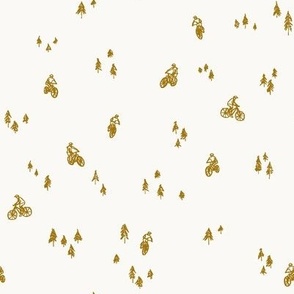 Mustard Yellow on Cream Mountain Biking Line Art Dispersed Minimal Outdoor Sports perfect for Bandanas, Sheets, Quilts, and Kids Apparel