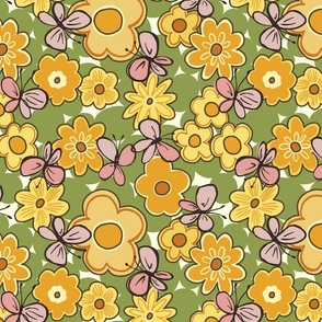 Groovy retro orange green floral with pink butterflies smaller scale