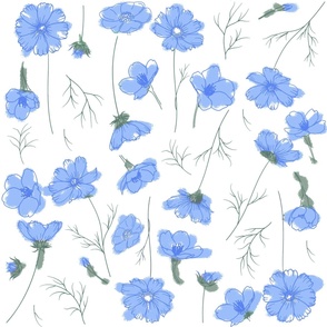 Sketched Blue Bustling Buttercups Floral Pattern Print