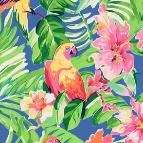 Parrot Haven - Parrots and Flowers on Blue