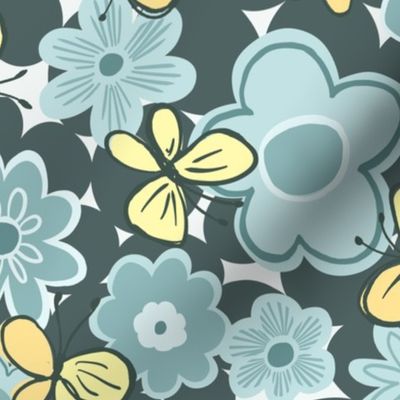 Groovy retro floral & butterflies in pastel aqua blue & yellow smaller scale