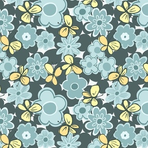 Groovy retro floral & butterflies in pastel aqua blue & yellow smaller scale