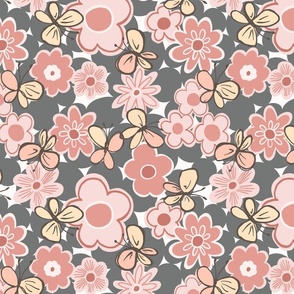 Groovy retro floral & butterflies in pastel salmon pinks & gray smaller scale