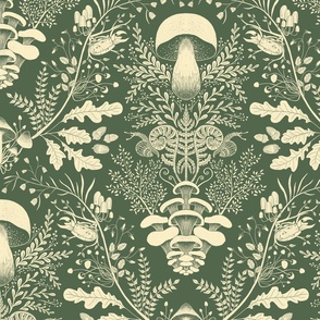 Mushroom Forest Damask Sweet Basil green and Ambiance beige L