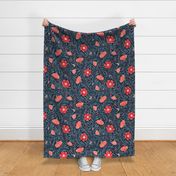 Dark feminine Non-Directional floral design with Scarlet Red and Coral Flowers