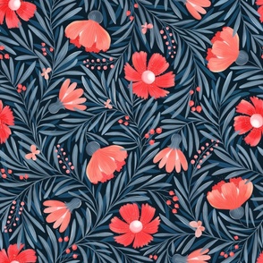 Floral Kaleidoscope.  Non-Directional design with bright Red and Coral Flowers, Blue Leaves, Berries, and Whimsical Butterflies