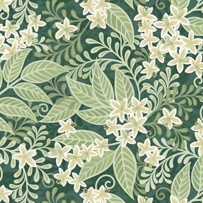Blooming Orchard Wallpaper- Orange Blossoms- Pine Background- Citrus Blossoms- Spring- Calm Fresh Flowers and Leaves- Sage and Vanilla- William Morris- Arts and Crafts- Medium