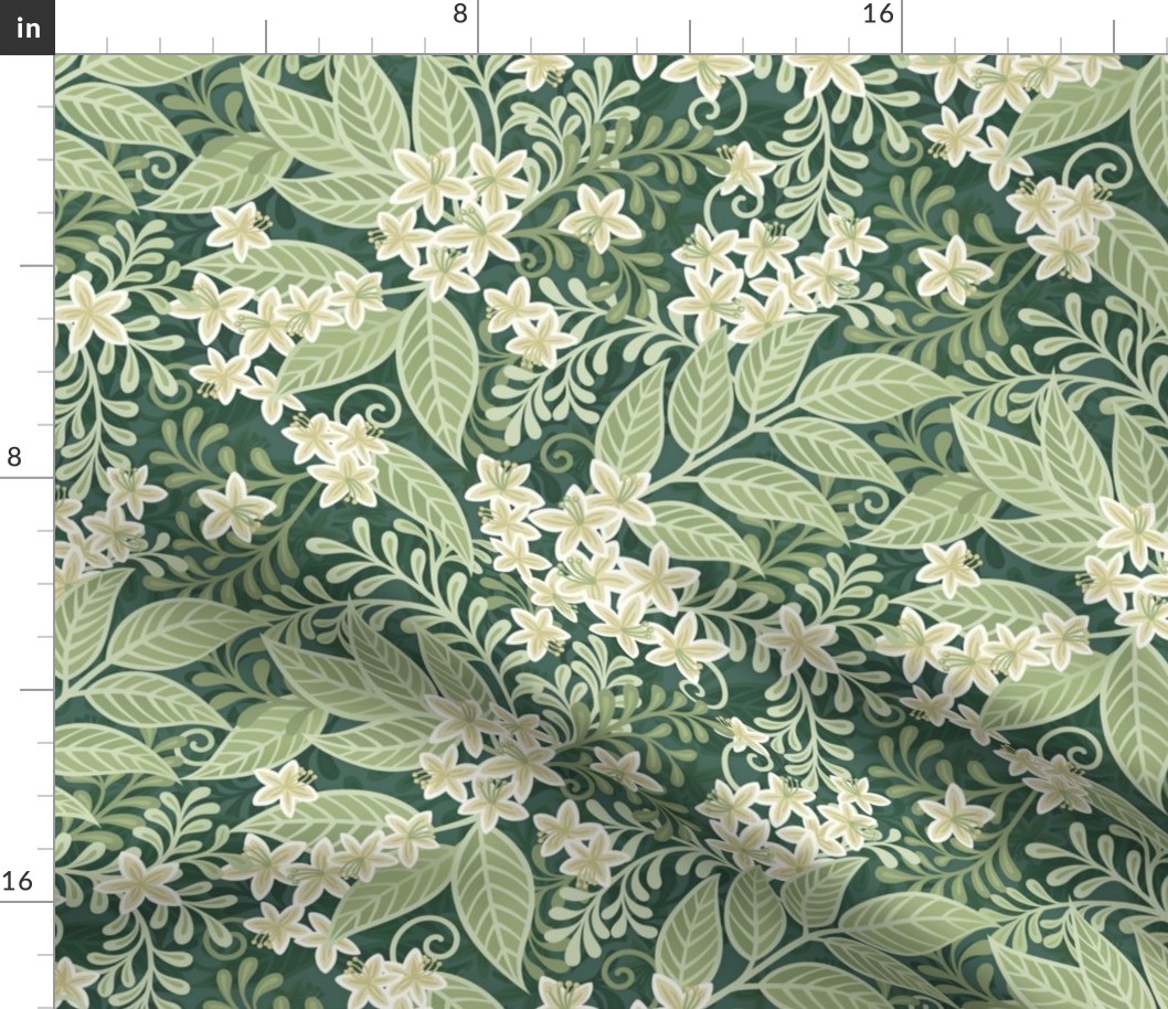 Blooming Orchard Wallpaper- Orange Blossoms- Pine Background- Citrus Blossoms- Spring- Calm Fresh Flowers and Leaves- Sage and Vanilla- William Morris- Arts and Crafts- Small