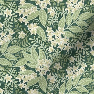 Blooming Orchard Wallpaper- Orange Blossoms- Pine Background- Citrus Blossoms- Spring- Calm Fresh Flowers and Leaves- Sage and Vanilla- William Morris- Arts and Crafts- Mini