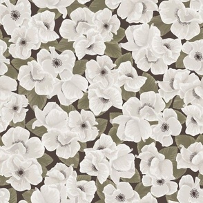 Bouquet Delight - Beige Cream Green Floral Illustrations on Dark Gray Brown Background