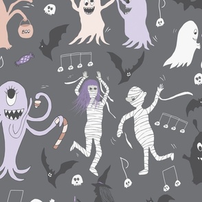  Cute Halloween monster dance party grey (24'x36' repeat)