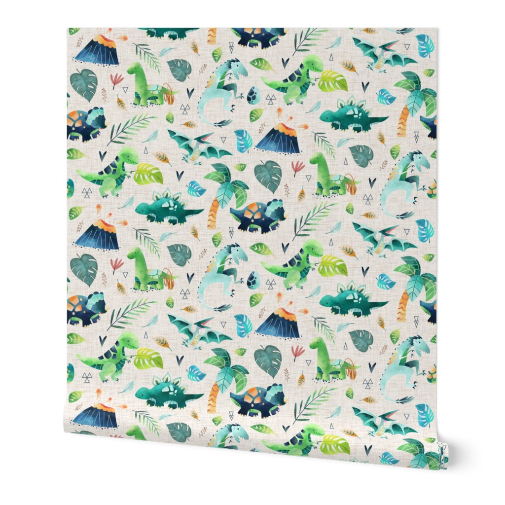 Dinosaurs – Dinosaur Fabric, Baby Boy Fabric, Dinosaur Bedding, Nursery Design Teal Blue Green Dinos (large, beige linen)