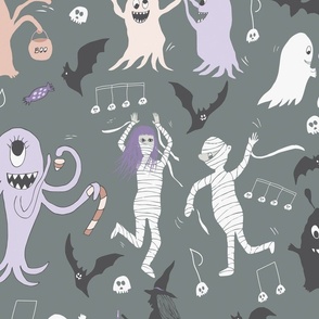 Cute Halloween monster dance party green ( 24'x36' repeat)