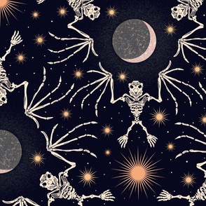 victorian goth bat skeleton - starry night ceiling | Waning Crescent Moon and Stars| celestial halloween dark indigo midnight blue / black wallpaper | jumbo