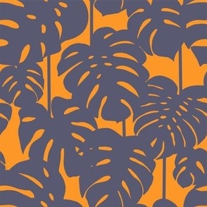Monstera Tropical Leaves on Orange, Botanical Greenery Print