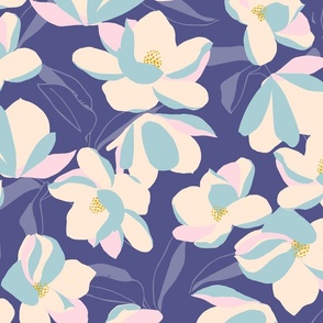 Magnolia Flowers Hand Drawn Purple Baby Blue White Wallpaper // Medium //