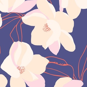 Magnolia Flowers Hand Drawn Purple Coral White Wallpaper // Large //