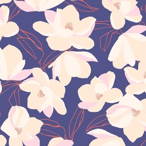 Magnolia Flowers Hand Drawn Purple Coral White Wallpaper // Medium //