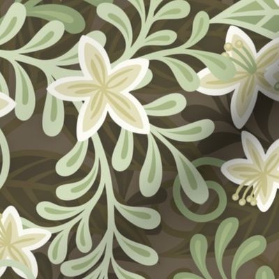 Blooming Orchard Wallpaper- Orange Blossoms- Bark Background- Citrus Blossoms- Spring- Calm Fresh Flowers and Leaves- Sage and Vanilla- William Morris- Arts and Crafts- Large