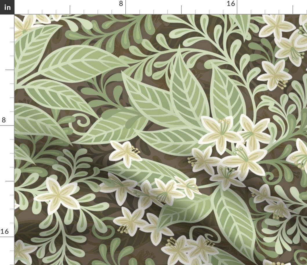 Blooming Orchard Wallpaper- Orange Blossoms- Bark Background- Citrus Blossoms- Spring- Calm Fresh Flowers and Leaves- Sage and Vanilla- William Morris- Arts and Crafts- Large